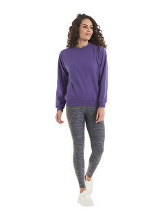 Person wearing Uneek Clothing UC511 - Ladies Deluxe Crew Neck Sweatshirt long sleeve in purple elasticated bottom and wrists. 