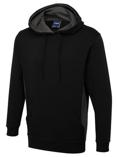 Uneek Clothing UC517 280GSM Two Tone Hooded Sweatshirt with hood in black with large front lower pocket, drawstring and charcoal panels on sides and inside of hood.