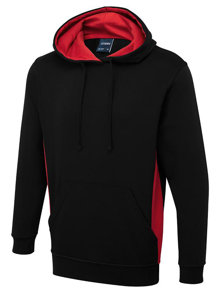 Uneek Clothing UC517 280GSM Two Tone Hooded Sweatshirt with hood in black with large front lower pocket, drawstring and red panels on sides and inside of hood.