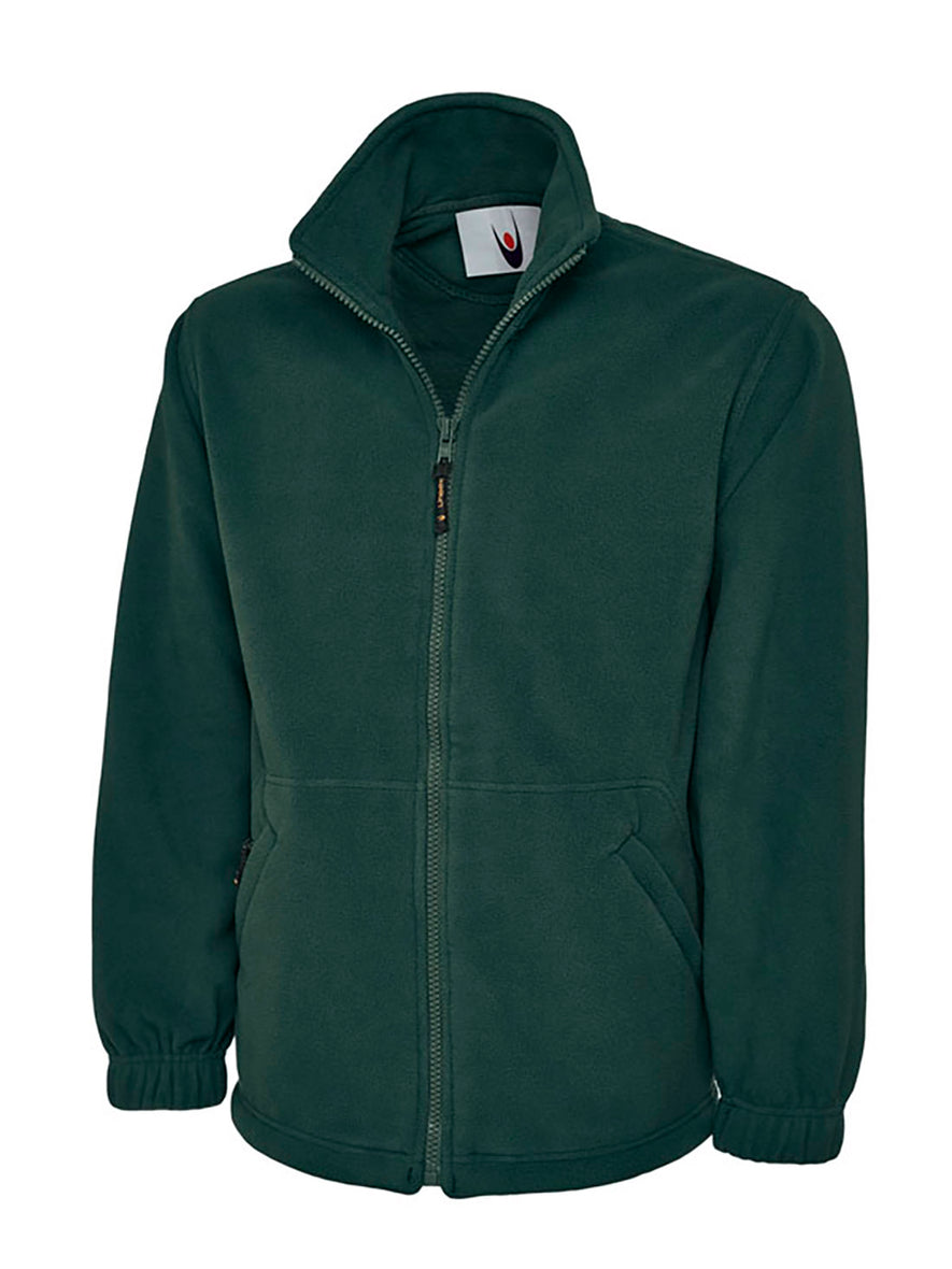 Uneek Clothing UC601 380GSM Premium Full Zip Micro Fleece Jacket in bottle green with full zip fastening and and two zipped lower front pockets.