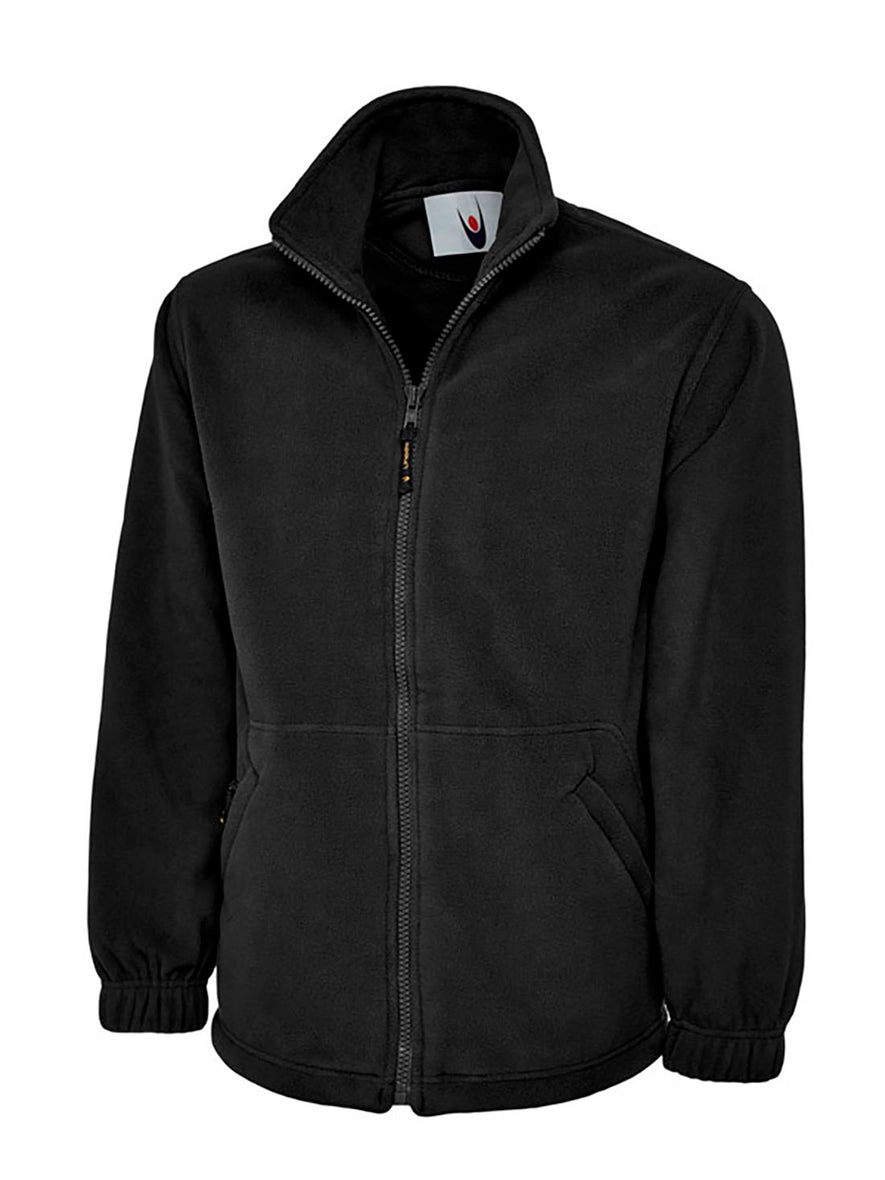 Uneek Clothing UC601 380GSM Premium Full Zip Micro Fleece Jacket in black with full zip fastening and and two zipped lower front pockets.