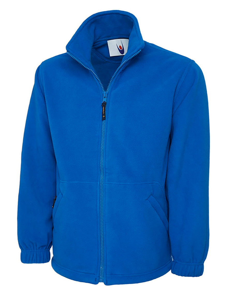 Uneek Clothing UC601 380GSM Premium Full Zip Micro Fleece Jacket in royal blue with full zip fastening and and two zipped lower front pockets.
