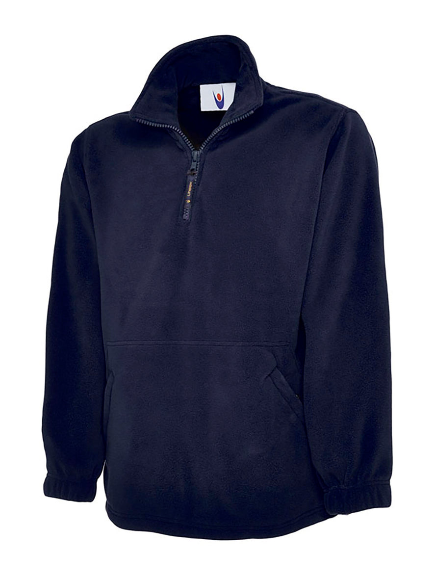 Uneek Clothing UC602 380GSM Premium 1/4 Zip Micro Fleece Jacket in navy with part zip fastening and and two zipped lower front pockets.