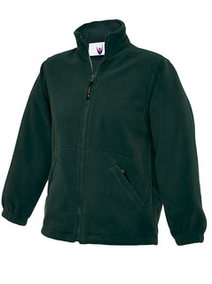 Uneek Clothing UC603 300GSM Childrens Full Zip Micro Fleece Jacket in bottle green with full zip fastening and two zipped lower pockets.