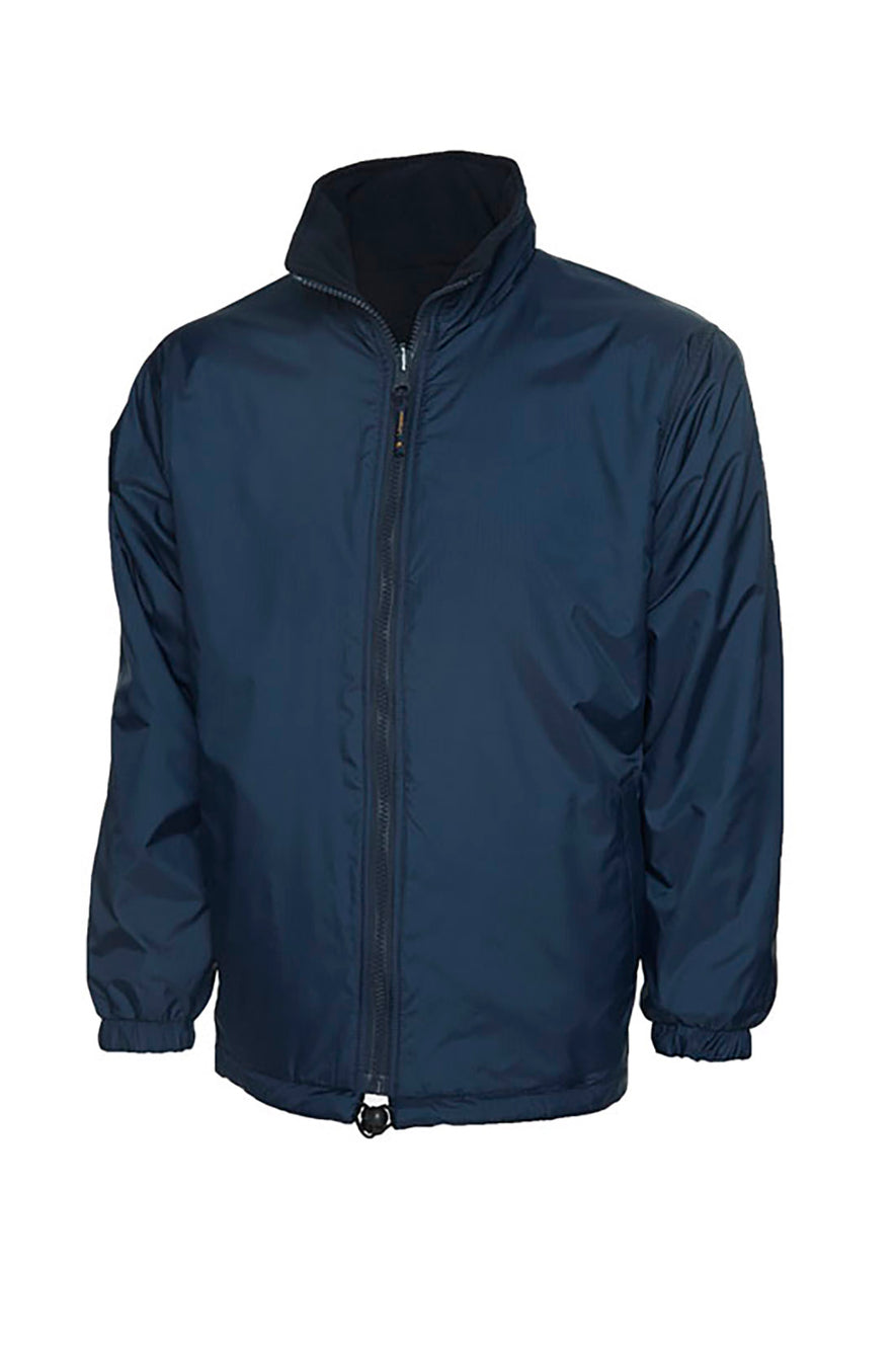 Uneek Clothing UC605 Premium Reversible Fleece Jacket in navy with full zip fastening and and two lower front pockets.