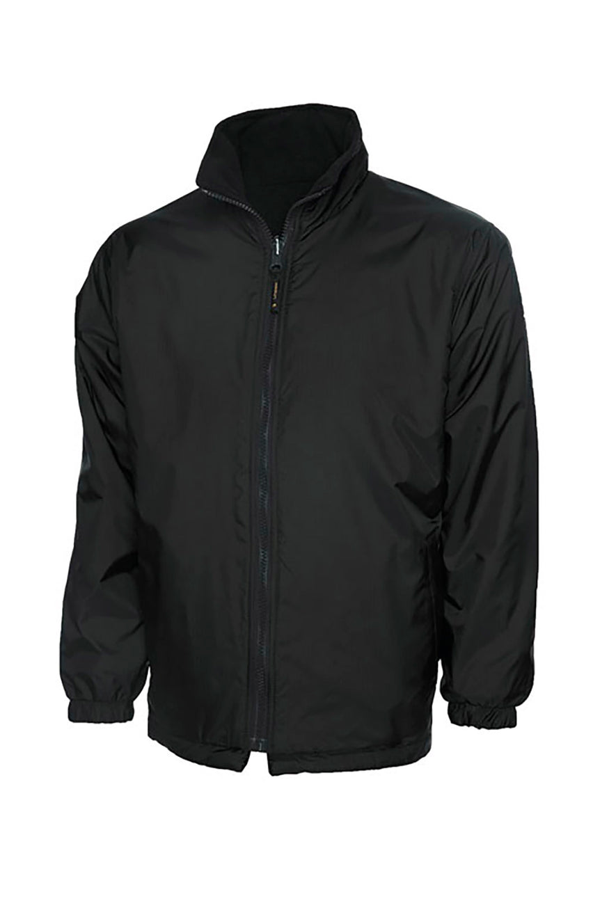 Uneek Clothing UC606 Childrens Reversible Fleece Jacket with waterproof outside in black with full zip fastening and two lower pockets.