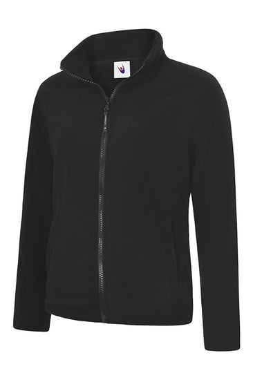 Uneek Clothing UC608 Ladies Classic Full Zip Fleece Jacket in black with full zip fastening and and two lower front pockets.