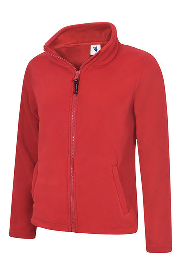 Uneek Clothing UC608 Ladies Classic Full Zip Fleece Jacket in red with full zip fastening and and two lower front pockets.