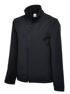 Uneek Clothing UC612 Classic Full Zip Soft Shell Jacket in black with full zip fastening and two lower front pockets.