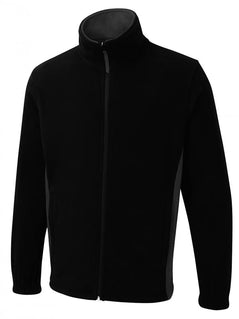 Uneek Clothing UC617 280GSM Two Tone Full Zip Fleece Jacket in black with full zip and grey panels on sides and inside of collar.
