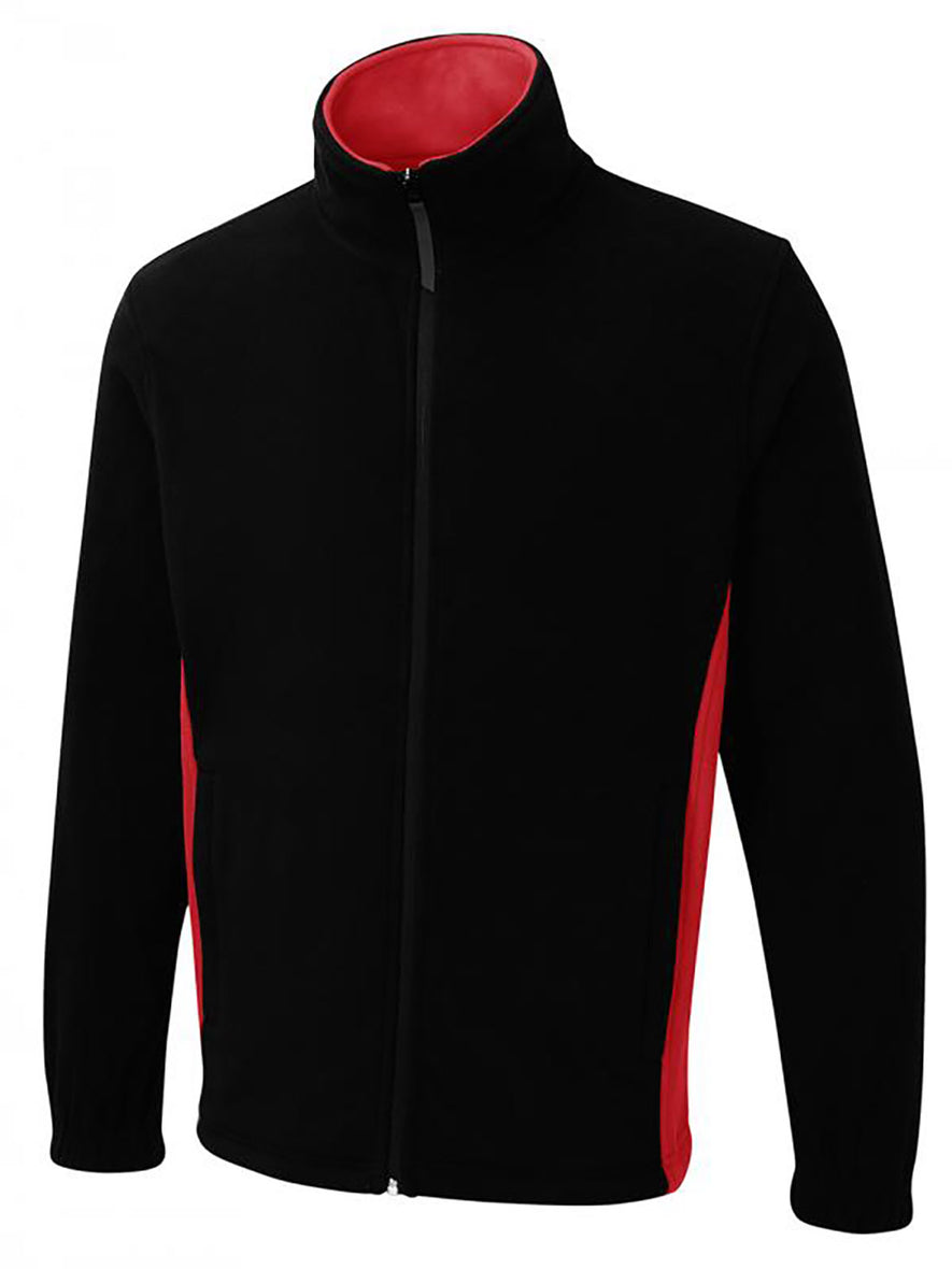 Uneek Clothing UC617 280GSM Two Tone Full Zip Fleece Jacket in black with full zip and red panels on sides and inside of collar.
