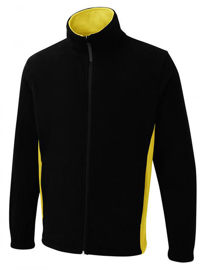 Uneek Clothing UC617 280GSM Two Tone Full Zip Fleece Jacket in black with full zip and yellow panels on sides and inside of collar.