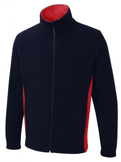 Uneek Clothing UC617 280GSM Two Tone Full Zip Fleece Jacket in navy with full zip and red panels on sides and inside of collar.