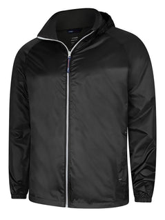 Uneek Clothing UC630 Active Jacket lightweight in black with grey full zip fastening and two lower zip pockets and hood.