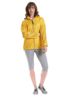 Person wearing Uneek Clothing UC630 Active Jacket lightweight in submarine yellow with grey full zip fastening and two lower zip pockets and hood.