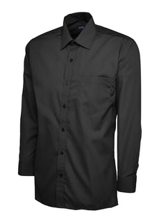 Uneek Clothing UC709 - Mens Poplin Full Long Sleeve Shirt in black with collar, pocket on left chest and black buttons down front.