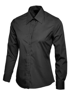 Uneek Clothing UC711 Ladies Poplin Full Long Sleeve Shirt in black with collar and black buttons down front.