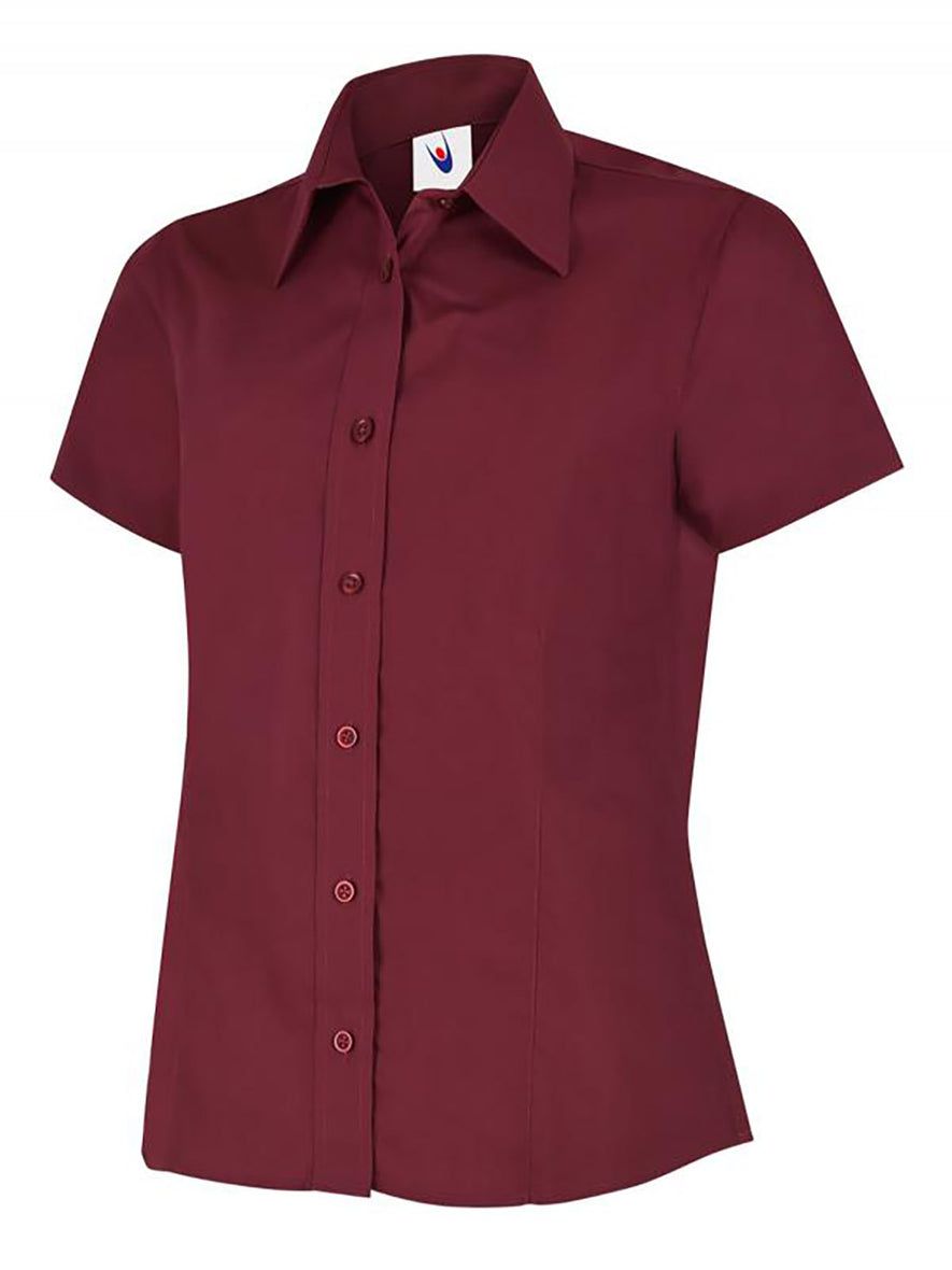 Uneek Clothing UC712 - Ladies Poplin Short Sleeve Shirt in burgundy with tailoring on front, collar and burgundy buttons down front.