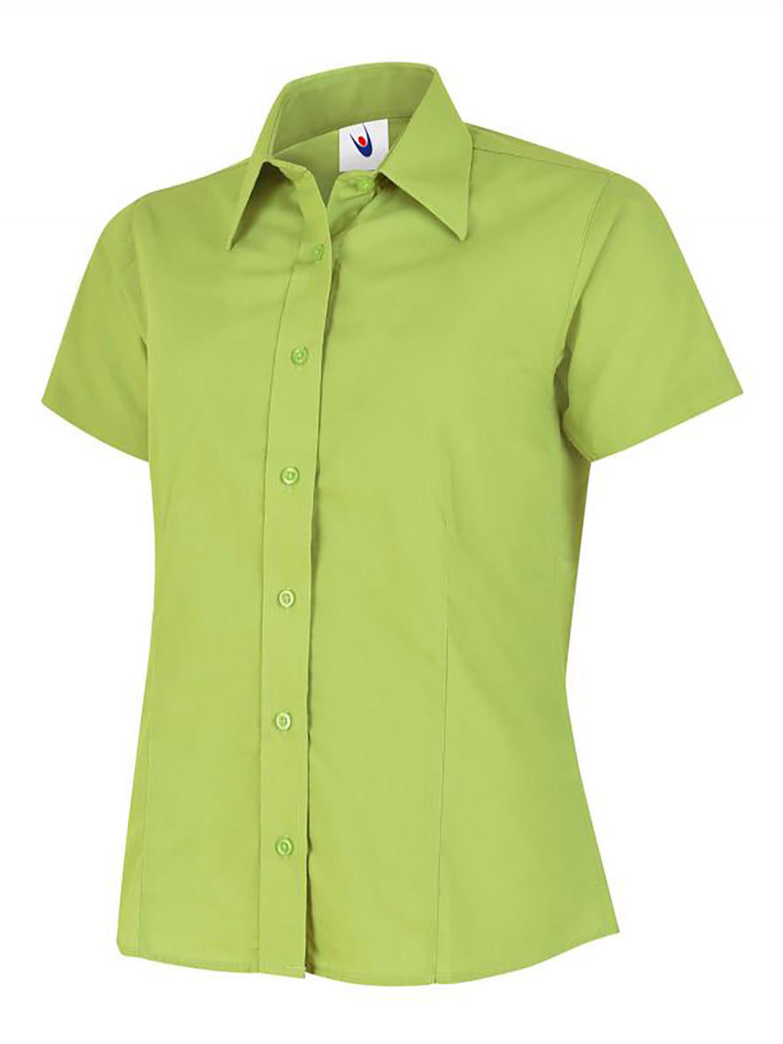Uneek Clothing UC712 - Ladies Poplin Short Sleeve Shirt in lime with tailoring on front, collar and lime buttons down front.