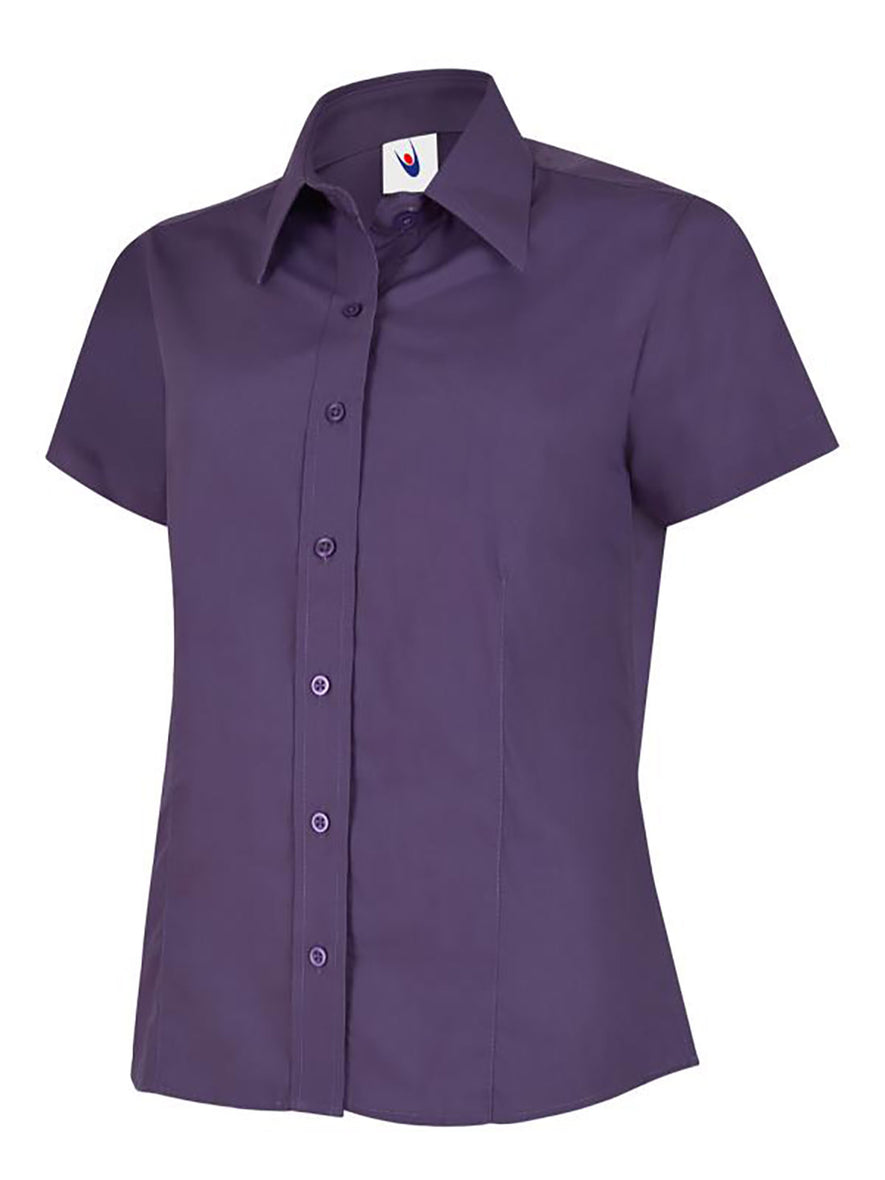 Uneek Clothing UC712 - Ladies Poplin Short Sleeve Shirt in purple with tailoring on front, collar and purple buttons down front.
