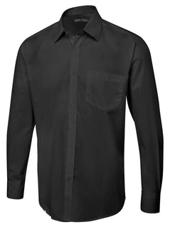 Uneek Clothing UC713 Men's Tailored Fit Long Sleeve Poplin Shirt in black with pocket on left chest, collar and black buttons down front.