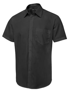 Uneek Clothing UC714 - Men's Tailored Fit Short Sleeve Poplin Shirt in black with pocket on left chest, collar and black buttons down front.