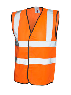 Uneek Clothing UC801 - Sleeveless Safety Waist Coat in orange with black piping around edge and two strips of reflective tape across chest and one over each shoulder, velcro fastening.
