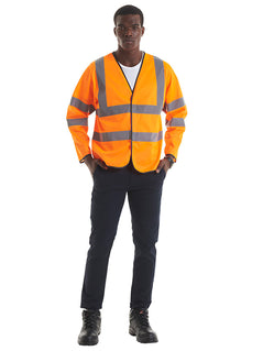 Person wearing Uneek Clothing UC802 - Long Sleeve Safety Waist Coat in orange with black piping around edge and two strips of reflective tape across chest and one over each shoulder and two strips on each arm, velcro fastening.