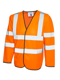 Uneek Clothing UC802 - Long Sleeve Safety Waist Coat in orange with black piping around edge and two strips of reflective tape across chest and one over each shoulder and two strips on each arm, velcro fastening.