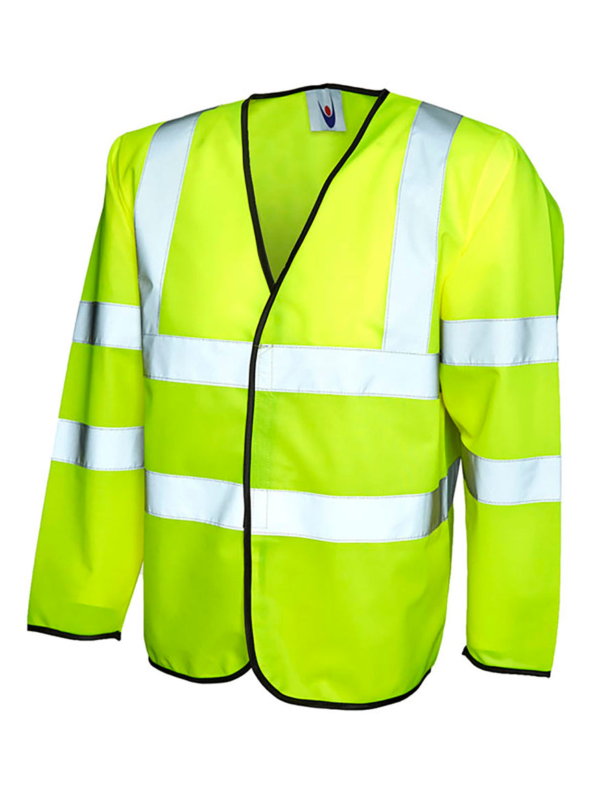 Uneek Clothing UC802 - Long Sleeve Safety Waist Coat in yellow with black piping around edge and two strips of reflective tape across chest and one over each shoulder and two strips on each arm, velcro fastening.