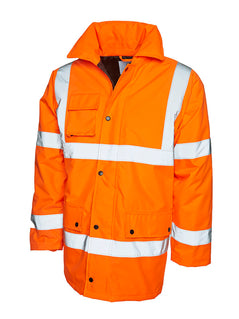 Uneek Clothing UC803 - Road Safety Jacket in orange with two strips of reflective tape across chest and one over each shoulder and two strips on each arm, collar and full zip with flap and poppers. Pockets with flaps and poppers on right chest and two on lower front.