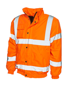 Uneek Clothing UC804 - High Visibility Bomber Jacket in orange with two strips of reflective tape across chest and one over each shoulder and two strips on each arm, collar and full zip with flap and poppers, elasticated bottom of jackets and sleeves. Pockets with flaps on right chest and two on lower front.