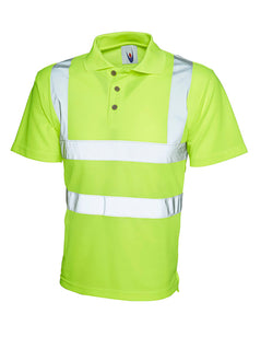 Uneek Clothing UC805 - Hi-Viz Polo Shirt in yellow with two strips of reflective tape across chest and one over each shoulder, collar with three button plackett.