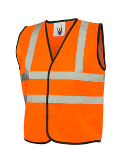 Uneek Clothing UC806 Childrens Hi-Viz Waist Coat in orange with black piping around edges with two strips of reflective tape across chest and one over each shoulder.