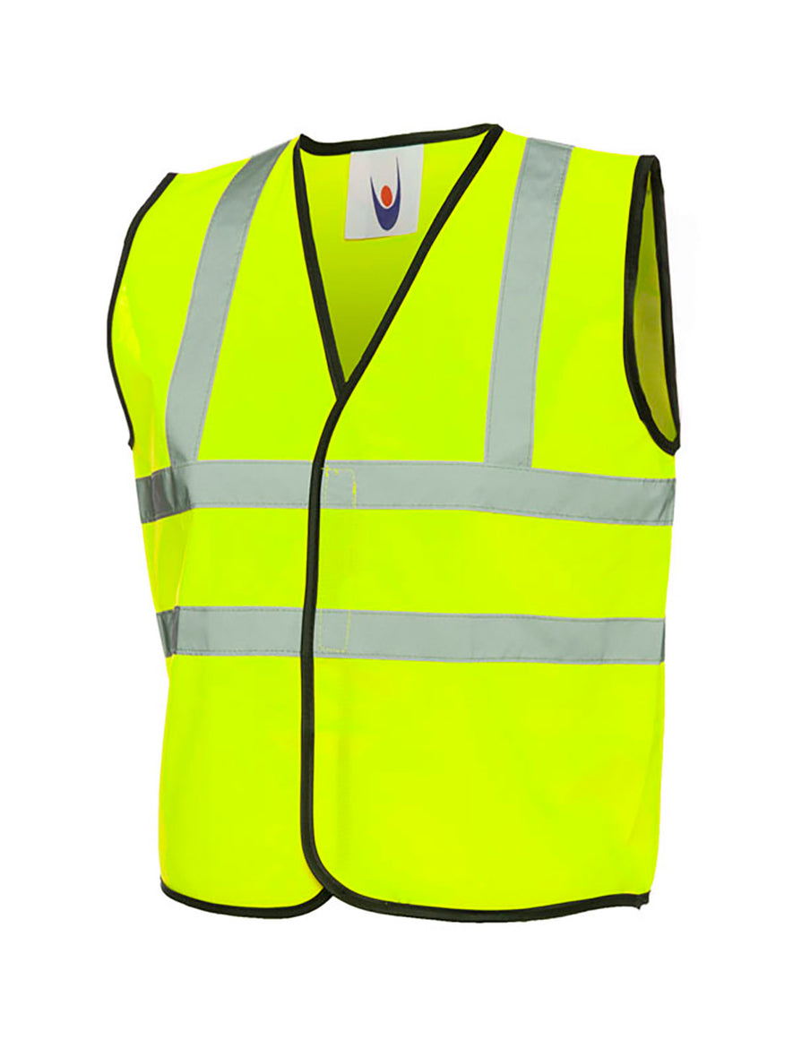 Uneek Clothing UC806 Childrens Hi-Viz Waist Coat in yellow with black piping around edges with two strips of reflective tape across chest and one over each shoulder.