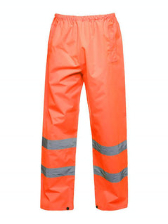 Uneek Clothing UC807 Hi-Viz Trouser in orange with two strips of reflective tape on lower legs, elasticated waist and two side pockets.