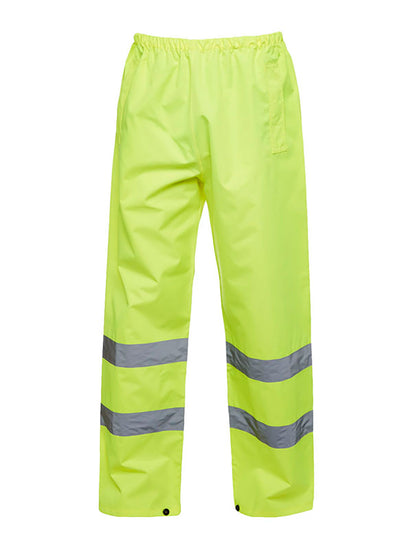 Uneek Clothing UC807 Hi-Viz Trouser in yellow with two strips of reflective tape on lower legs, elasticated waist and two side pockets.