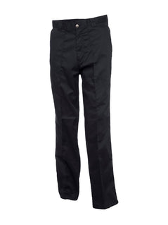 Uneek Clothing UC901 Workwear Trouser in black with sewn in crease down front of leg, belt loops, button and zip fastening at waist and two side pockets.