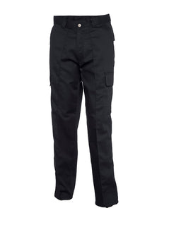 Uneek Clothing UC902 Cargo Trouser in black with sewn in crease down front of leg, belt loops, button and zip fastening at waist, two side pockets and two pockets on side of legs with flaps.