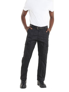 Person wearing Uneek Clothing UC902 Cargo Trouser in black with sewn in crease down front of leg, belt loops, button and zip fastening at waist, two side pockets and two pockets on side of legs with flaps.
