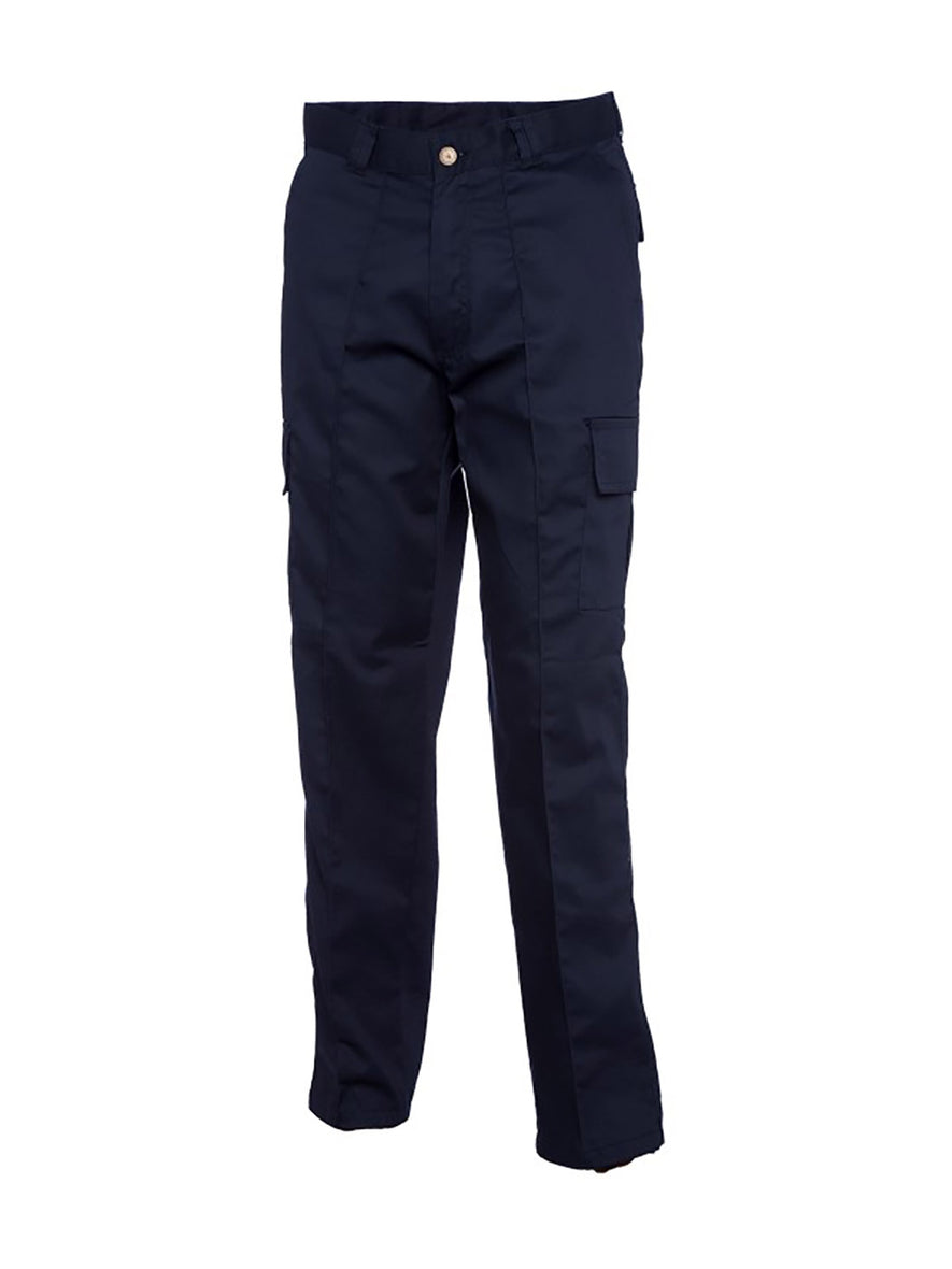 Uneek Clothing UC902 Cargo Trouser in navy with sewn in crease down front of leg, belt loops, button and zip fastening at waist, two side pockets and two pockets on side of legs with flaps.