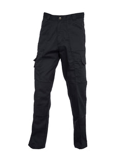 Uneek Clothing UC903 Action Trouser in black with belt loops, button and zip fastening at waist, two side pockets with zips and two pockets on side of legs with flaps. Knee pad patches on both knees.