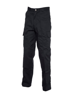 Uneek Clothing UC904 Cargo Trouser Knee Pads in black with belt loops, button and zip fastening at waist, two side pockets and two pockets on side of legs with flaps. Knee pad patches on both knees.
