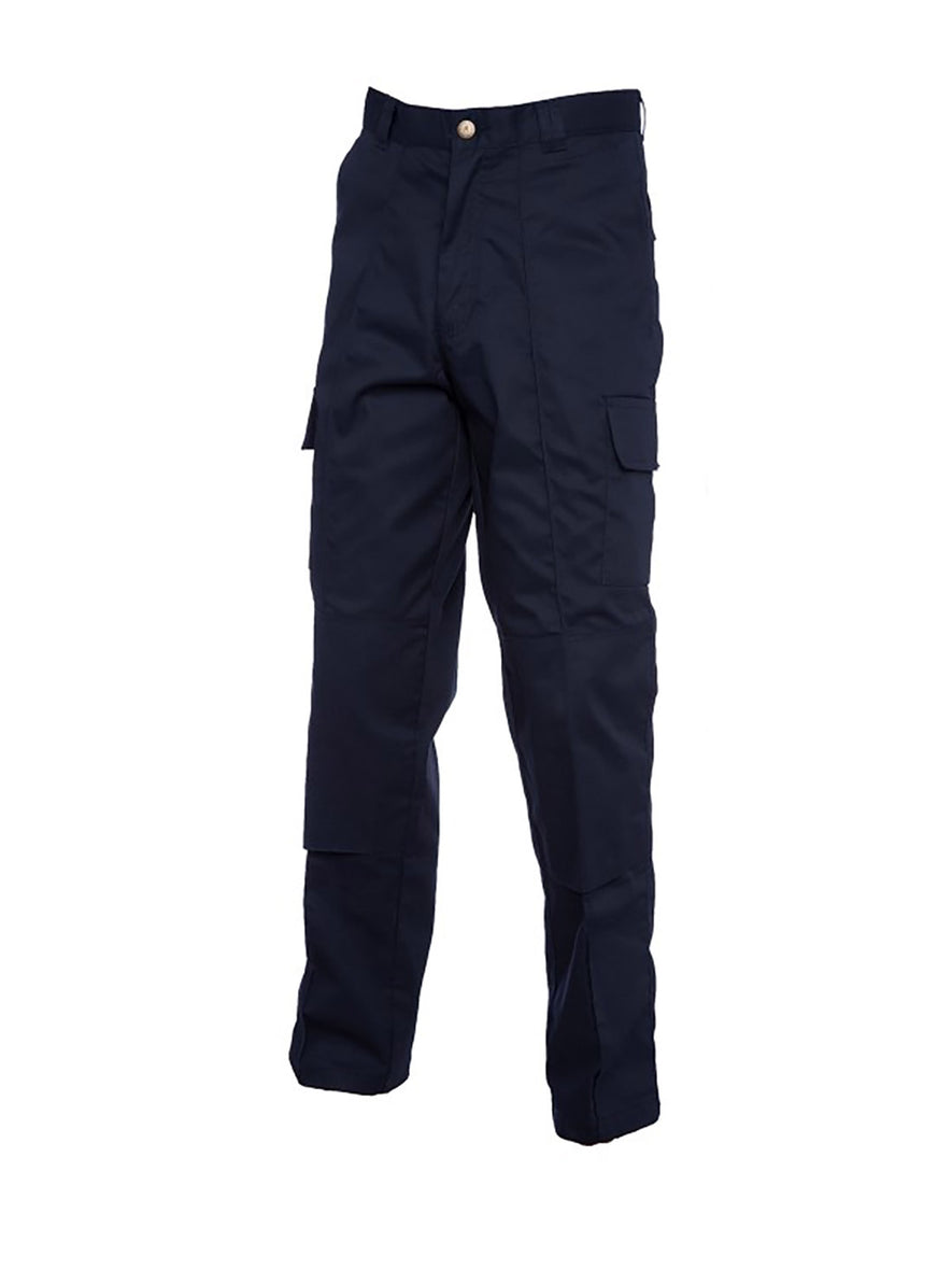 Uneek Clothing UC904 Cargo Trouser Knee Pads in navy with belt loops, button and zip fastening at waist, two side pockets and two pockets on side of legs with flaps. Knee pad patches on both knees.