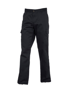 Uneek Clothing UC905 Ladies Cargo Trousers in black with belt loops, button and zip fastening at waist, two side pockets and two pockets on side of legs with flaps.