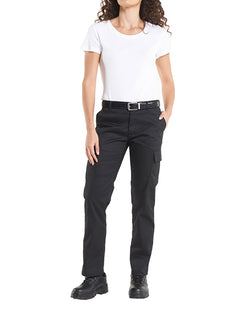 Person wearing Uneek Clothing UC905 Ladies Cargo Trousers in black with belt loops, button and zip fastening at waist, two side pockets and two pockets on side of legs with flaps.