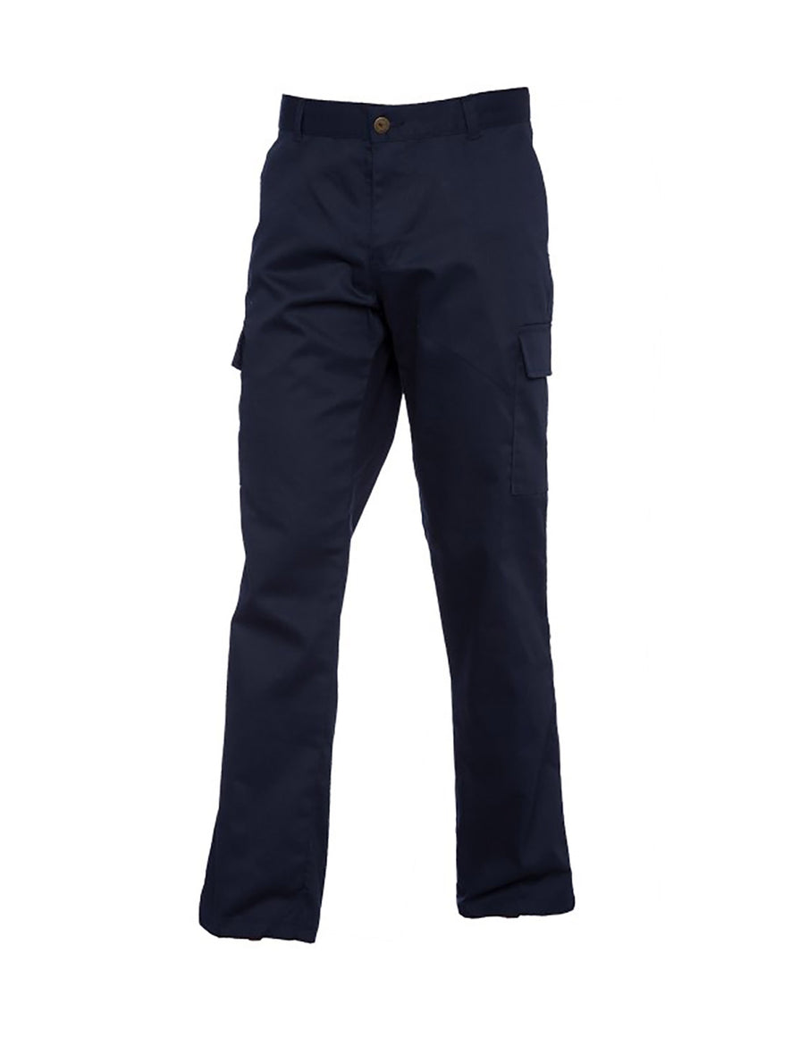 Uneek Clothing UC905 Ladies Cargo Trousers in navy with belt loops, button and zip fastening at waist, two side pockets and two pockets on side of legs with flaps.