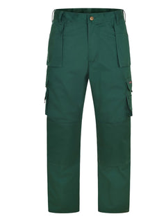 Uneek Clothing UC906 Super Pro Trouser in bottle green with belt loops, button and zip fastening at waist, two side pockets with holster pockets and two pockets on side of legs with flaps. Knee pad patches on both knees