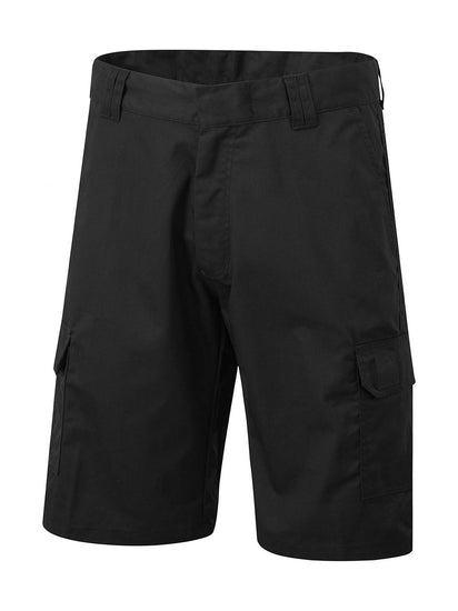 Uneek Clothing UC907 Men's Cargo Shorts in black with belt loops, button and zip fastening at waist, two side pockets and two pockets on side of legs with flaps.