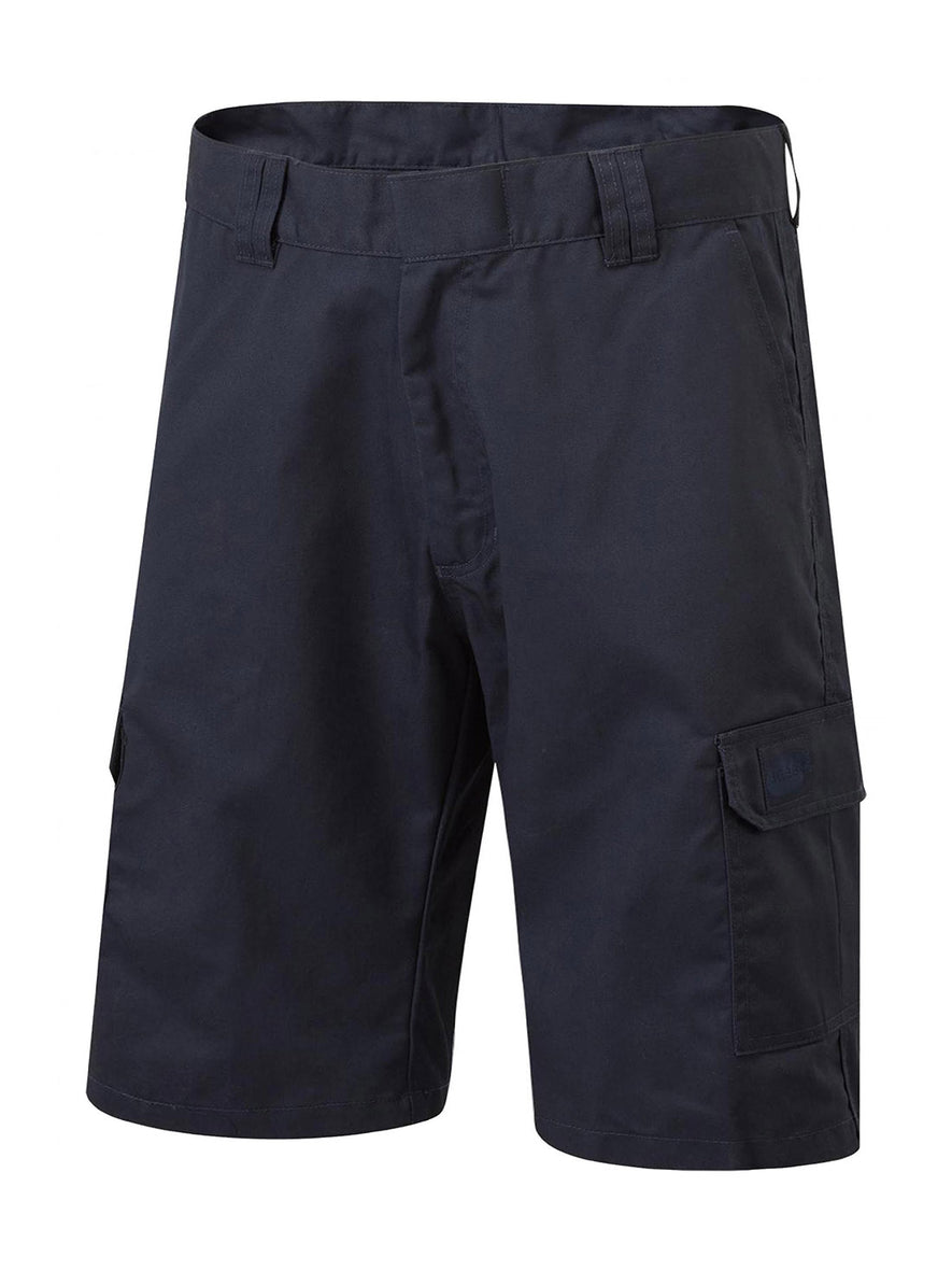 Uneek Clothing UC907 Men's Cargo Shorts in navy with belt loops, button and zip fastening at waist, two side pockets and two pockets on side of legs with flaps.